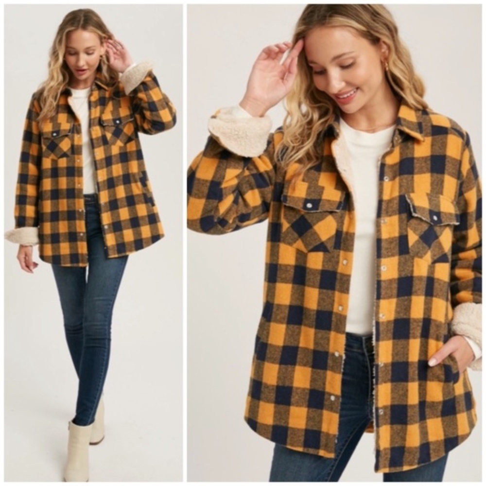 SOLD OUT Mustard Buffalo Plaid Sherpa Lined Shacket Shirt Jacket - Picture 1 of 6